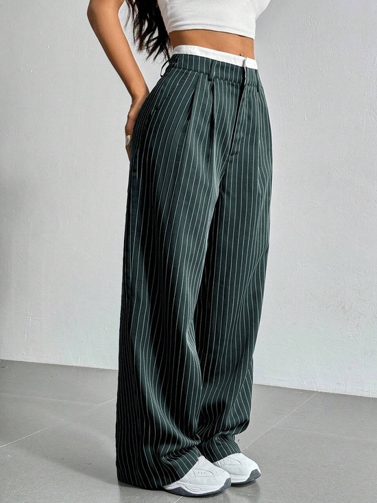 SHEIN Pants - SHEIN Dark Green Pinstripe Wide Leg Pants